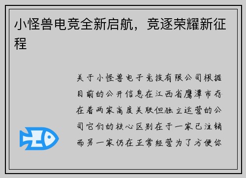 小怪兽电竞全新启航，竞逐荣耀新征程